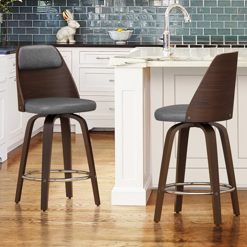 Tabouret de bar pivotant d'inspiration rétro avec structure en bois et revêtement en cuir, Gris, 2