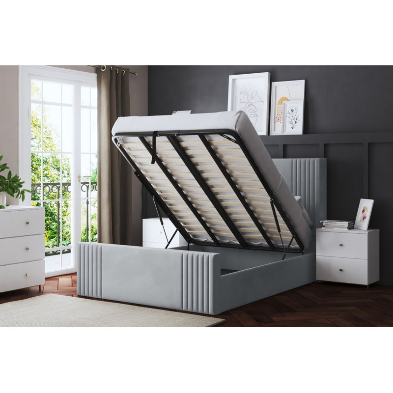 Elara Winged Ottoman Panel Bed with Headboard, Silver, Kingsize (5')