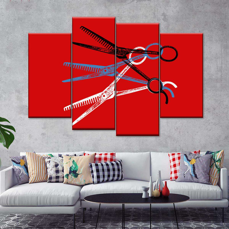 Ciseaux de coupe de cheveux sur toile, reproduction de 4 pièces, H 27 po x l 43 po x P 1 po