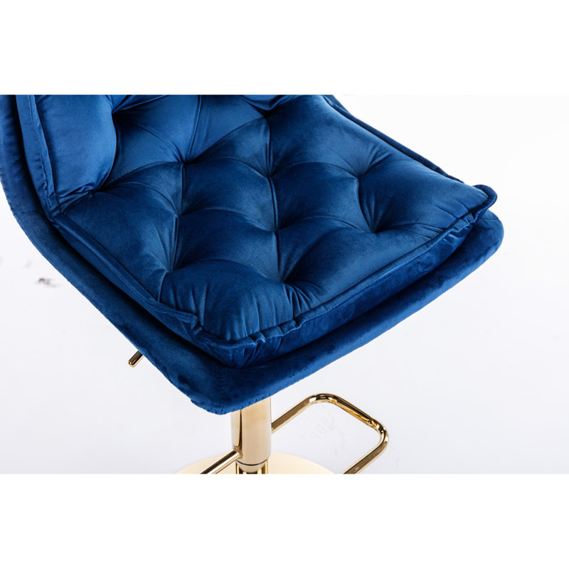 Of 2 Bar Stools In Blue, Velvet Covering, Footrest And Base, Adjustable Height Rotating Feature Blue Velvet, With Swiveling, Strong Base