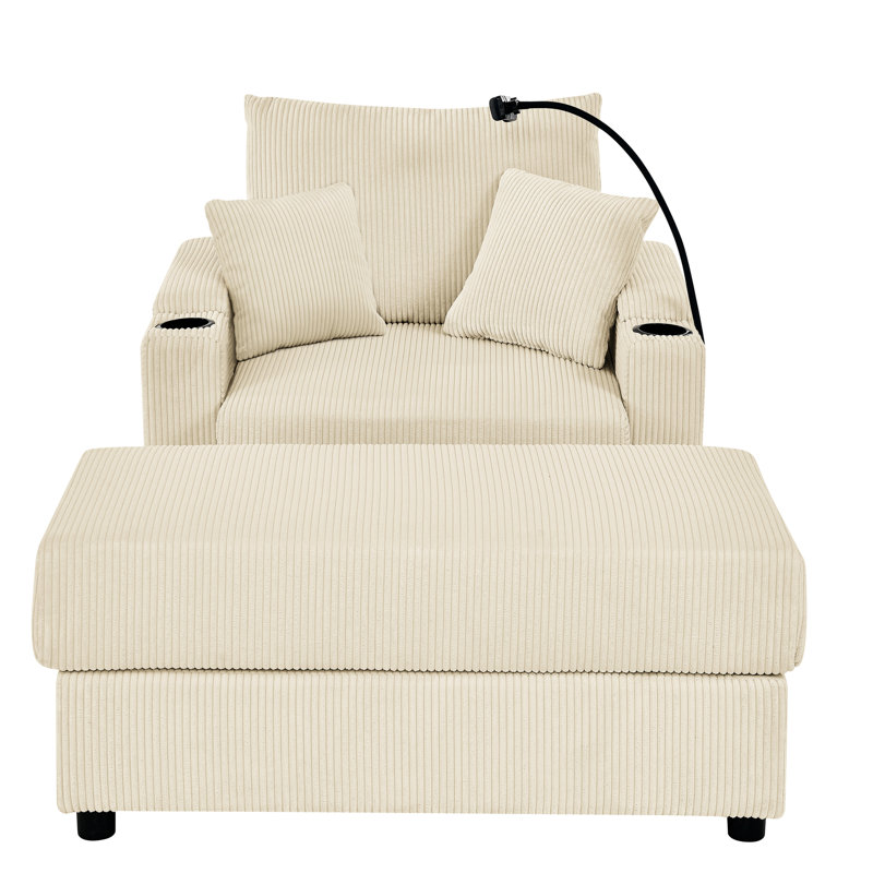 Salon en velours côtelé beige avec rangement et porte-gobelet