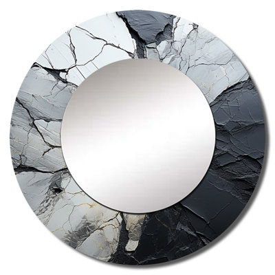Rinette Shattered Grey Stone Geode Minimalism II - Spiritual Stone Decorative Wall Mirror, Black Round Mirror, Printed Metal Art