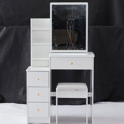 Small Space- Left Bedside Vanity Table With Cushioned Seat, Large Sliding Mirror, Multi-Layered, High-Capacity Storage Dresser, White Material Cabinet For Rooms, Padded Seat & Extra Multi-Layer