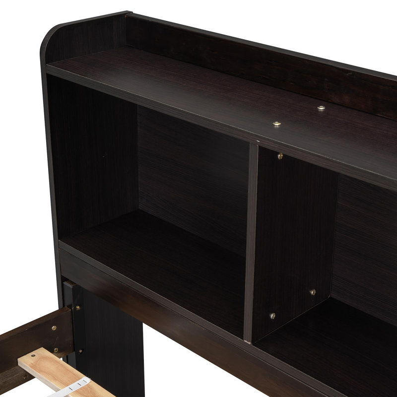 Lit double avec tête de lit bibliothèque, tiroirs de rangement sous le lit et étui de rangement pour bout de lit, espresso