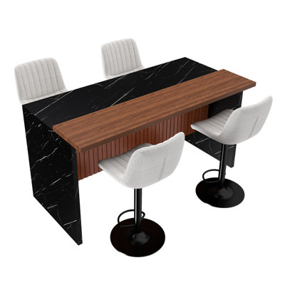 63" Modern Kitchen Island Set with 4 Beige Bar Stools - Black Marble Look Surface, LED Lighting & Grill Design for Dining Room, Open Concept Spaces, Lounge(4 Beige Bar Stools)