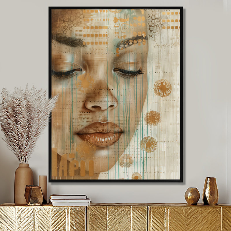 Vert et brun, Zen Boho, Portrait de femme II - Art bohème mural, Cadre flottant noir, H 32 po x l 16 po x P 1 po