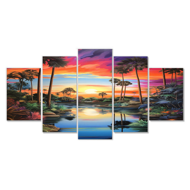 Coucher de soleil, oasis tropicale avec palmiers - ensemble d'art mural 5 pièces, H 32 po x l 60 po