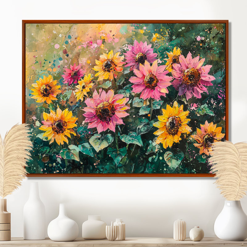 Doreon Spring Symphony of Pink Sunflowers II - art mural tournesols, H 30 po x l 40 po, Brun, Impression encadrée flottante