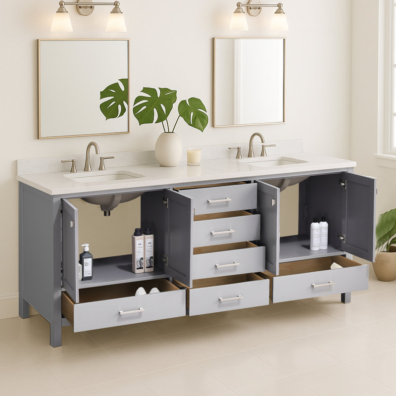 Yakia 84'' Double Bathroom Vanity With Engineered Stone Top, Gray, 84"