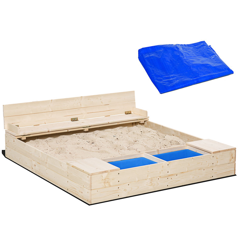 Kids Wooden Sandbox W/ Two Plastic Boxes Foldable Bench Seat Waterproof Cover Bottom Liner Storage Space