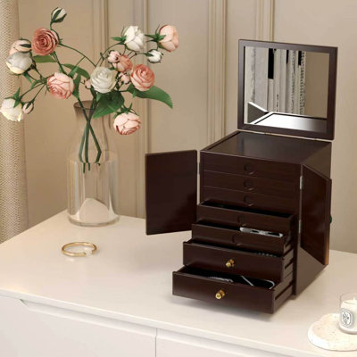 2 Layer Bamboo Jewelry Box With Makeup Mirror And Doors For Storing Necklaces Rings Bracelets And Hairpins
