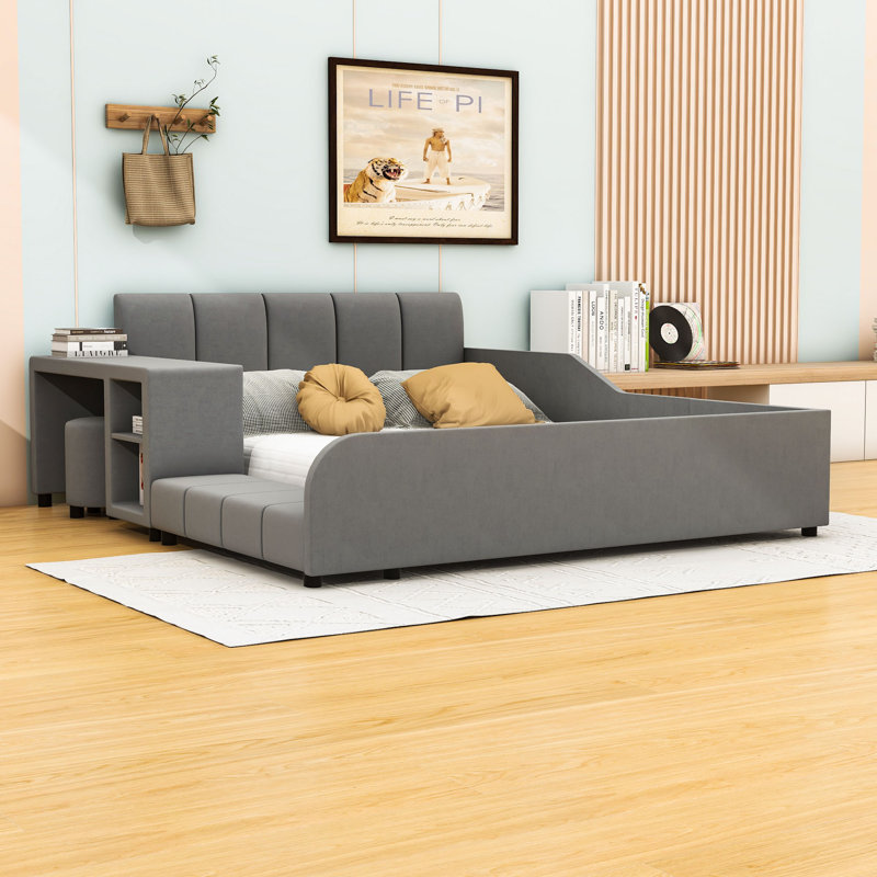 Marleyah Upholstered Velvet Standard Bed with Shelves, Full, Gray