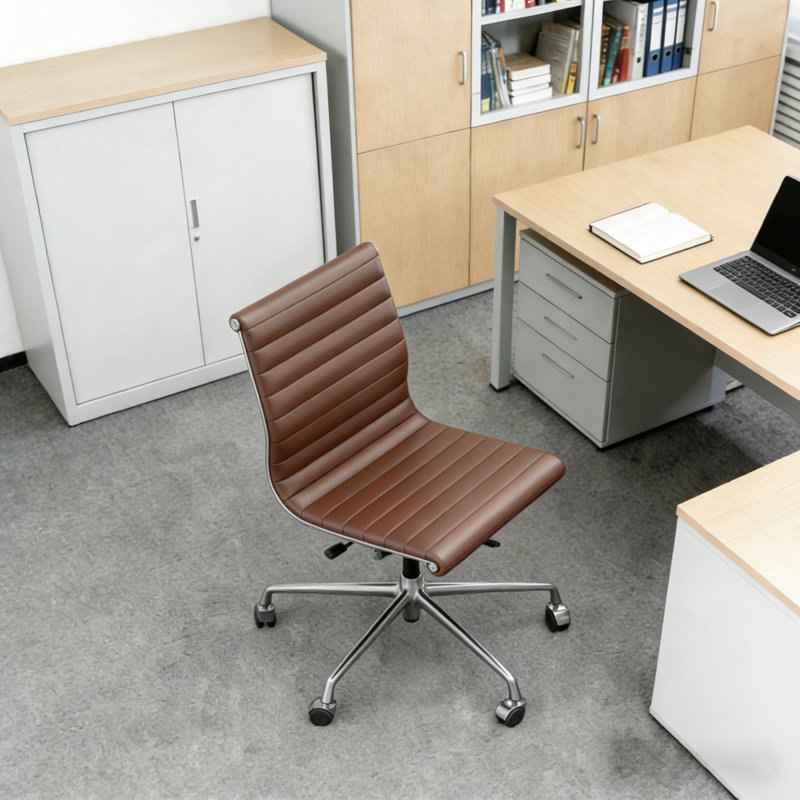 Mid & High Back Genuine Leather Armless Office Chair, Computer Desk Chair, 37" H x 24" W x 24" D, Brown