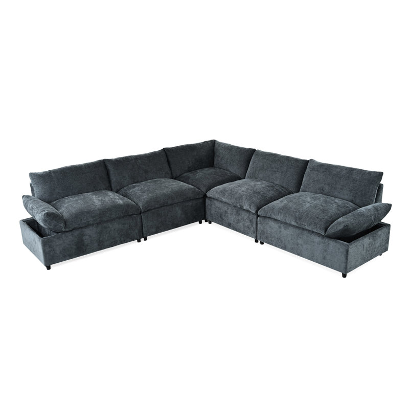 Salon moderne gris foncé avec sièges et rangement dissimulé