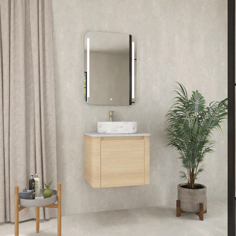 Ensemble de meuble-lavabo mural 24 po avec porte en céramique Art, Chêne blanc américan, Blanc / Doré