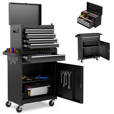 Metal Garage Storage Chest, 5 Drawers, Detachable Top, Rustproof, Blue Rolling Toolbox Cabinet With Workshop,