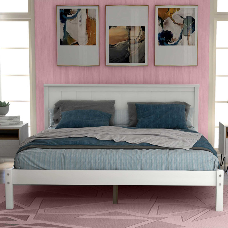 Wood Full Platform Bed Frame With Headboard, Slat Support And No Box Spring Needed, Espresso, White