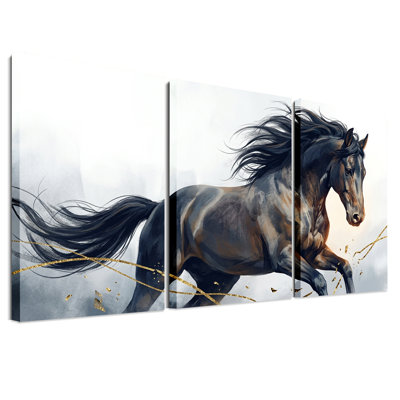 Ensemble de 3 toiles murales représentant un cheval noir au galop, orné de lignes et d'accents dorés.