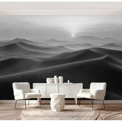 Papier peint adhésif noir et blanc, paysage désertique, coucher de soleil serein, fresque murale, 175 cm (H) x 244 cm (L), papier peint amovible en PVC, décoration murale autocollante pour chambre, salon, bureau à domicile