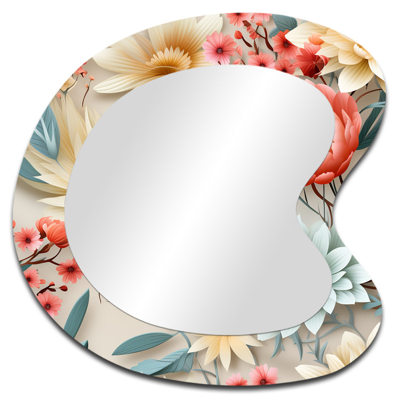 Motif bohémien pastel pastel - miroir mural de forme irrégulière florale, miroir décoratif asymétrique rose, impression d'art en métal