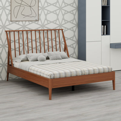 Solid Bamboo Wood Spindle Platform Queen Bed With Headboard, Bohemian Bed Frame With Wooden Slats And Metal Support, Mid-Century Modern Style