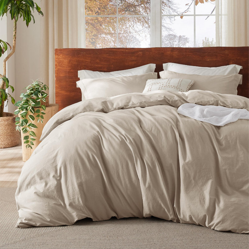 Bedsure 100% Washed Cotton Duvet Cover Set, Super Queen Duvet Cover + 2 Shams(20"*30"), Light Brown