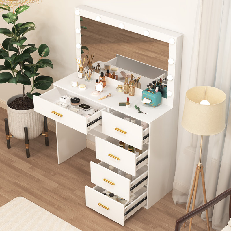 White Makeup Vanity Set With Large Mirror & LED Lights, 3 Lighting Modes, Modern Vanity Desk Dresser With Drawers For Bedroom