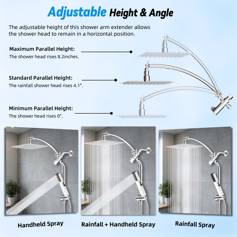 Ensemble de douche 2 en 1 : pommeau de douche effet pluie de 25 cm et douchette à main 4 jets avec bras d’extension réglable de 30 cm, flexible en acier inoxydable de 180 cm et support facile d’accès, chromé.