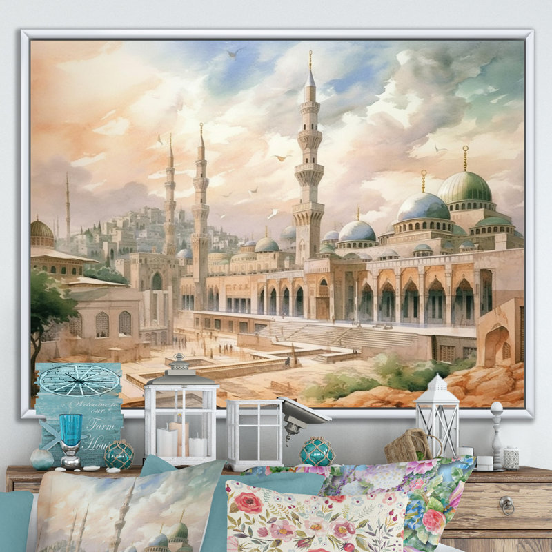 Mosquée religieuse The Mystets II - art mural, H 24 po x l 32 po x P 1 po, Cadre flottant blanc