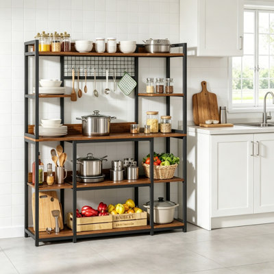 Étagère de boulanger de cuisine industrielle à 5 niveaux avec crochets en S et filet métallique, grande tablette de rangement pour la cuisine, le vestibule et le salon