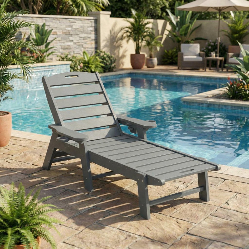 Outdoor Resin Chaise Lounge Chair, 5 Level Adjustable Patio Lounger with Cup Holder and Heavy Duty Support for Poolside Backyard