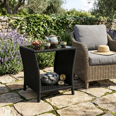 Outdoor Wicker Side Table with Tempered Glass Top, Small Patio End Table with Storage Shelf, PE Rattan & Iron Frame for Balcony, Porch, Deck, Brown