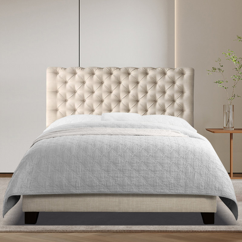Structure de lit rembourrée en lin avec tête de lit réglable et capitonnage à boutons, Beige, Grand lit