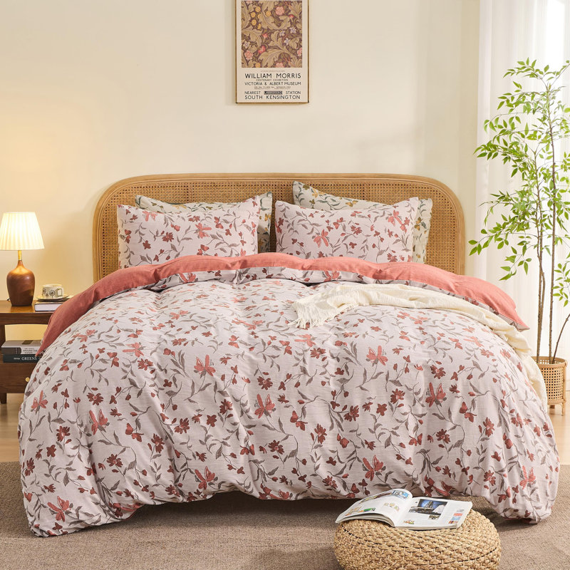 100% Cotton Yarn-Dyed Jacquard Duvet Floral Duvet Cover Set, King Duvet Cover + 2 King Pillowcases, Orange Rust Floral
