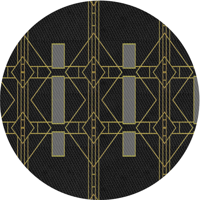 Tapis noir à motifs géométriques, Rond 7 pi