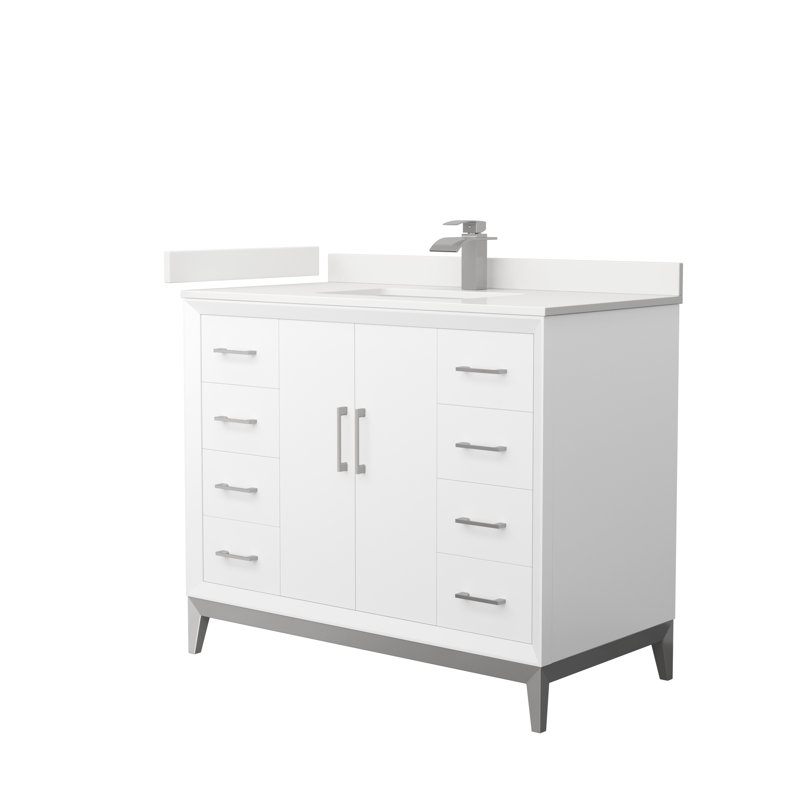 Meuble-lavabo sur pied simple 42 po avec plateau en quartz Amici, Quartz Giotto, 42", Nickel brossé