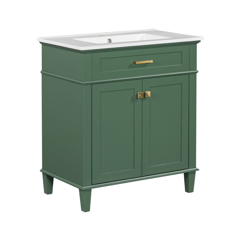 Green 30-Inch Solid Wood Bathroom Vanity with Ceramic Basin