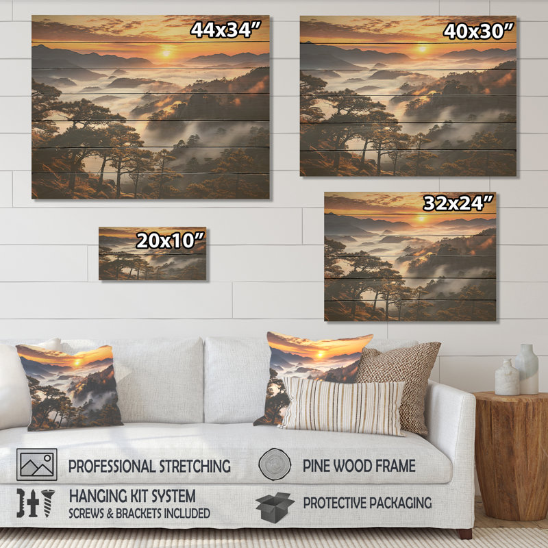 «Mountain Majesty Sunsets Embrace II» - Forêt et rivière sur bois, H 30 po x l 40 po x P 0,78 po