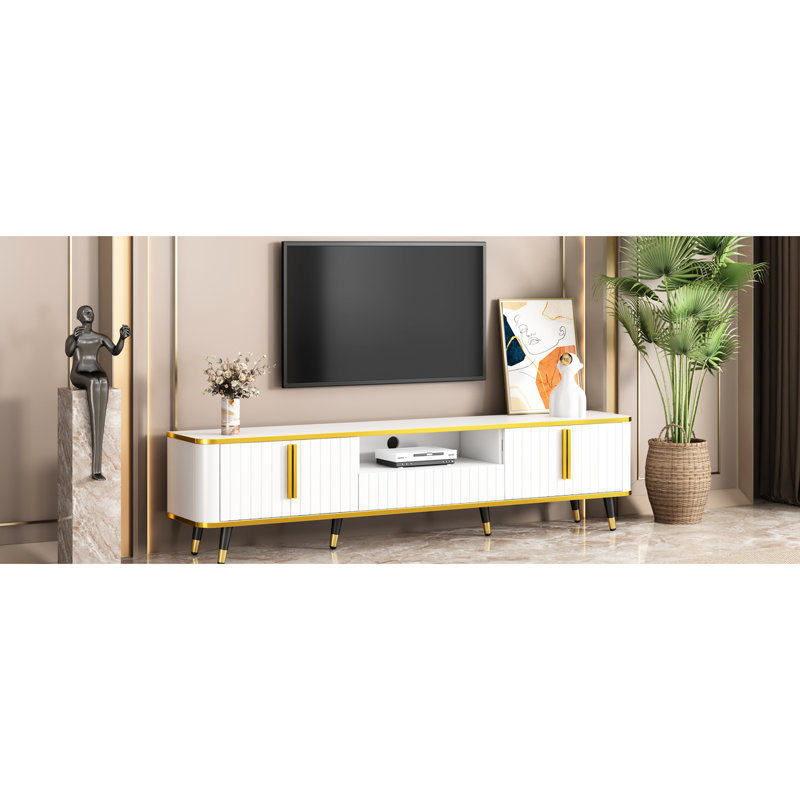 Meuble télé 80 à 89 po, finition blanche, détails dorés, nombreux éléments de rangement, plusieurs compartiments, Blanc et or
