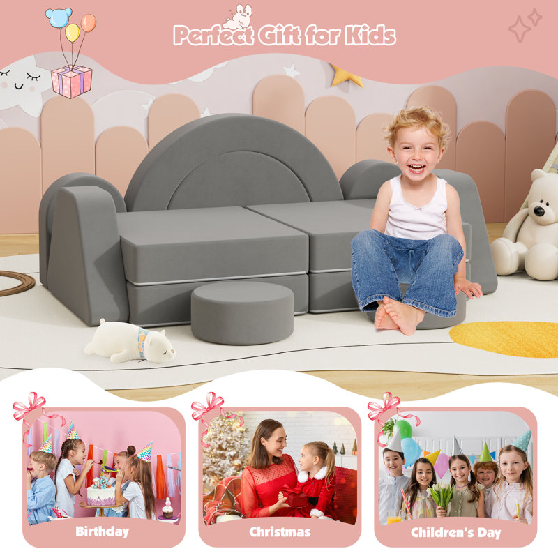 Johnson Velvet Modular Kids Play Couch, Kids Toddler Couch, Sectional Sofa, Dark Grey