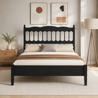 Wooden Bed Frame with Spindle Headboard, Platform Bed with Slats Support