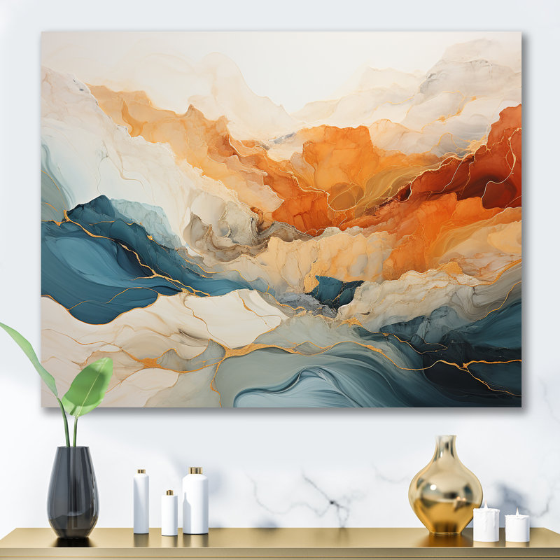 Abstrait orange et bleu rivière encre - art mural abstrait en marbre, Toile tendue, H 24 po x l 32 po x P 1 po, Sans cadre
