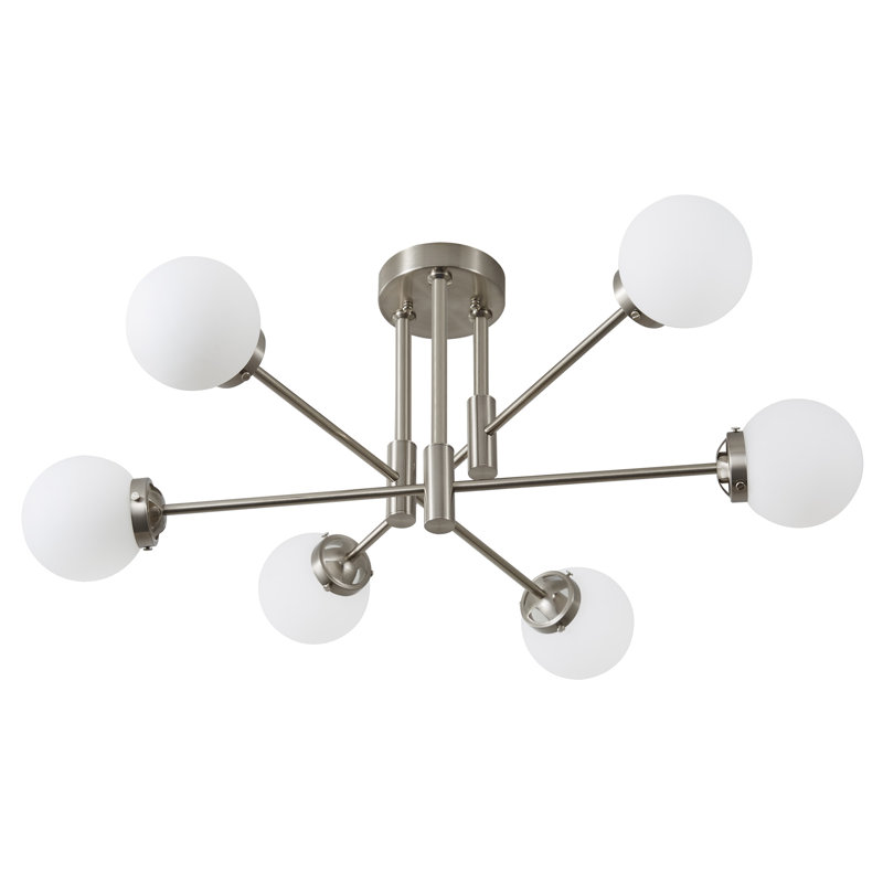 Lustre moderne Tameya Spoutnik avec abat-jour en verre blanc laiteux, Nickel