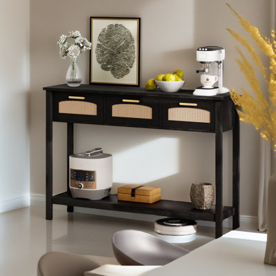  Entryway Table With Storage, Console Table With Open Storage Golden Metal Handles, Narrow Hallway Table With 3 Rattan Drawers, Sideboard Sofa Tables For Living Room Hallway Black