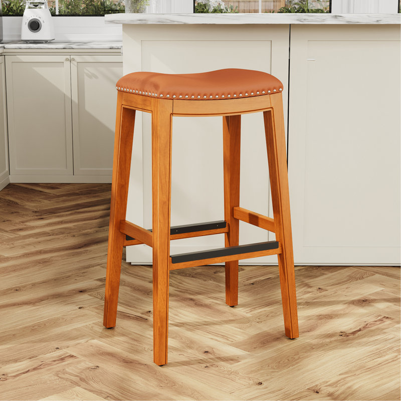 Tabouret 30 ", finition naturelle, siège en cuir reconstitué, Siège brun / cadre naturel