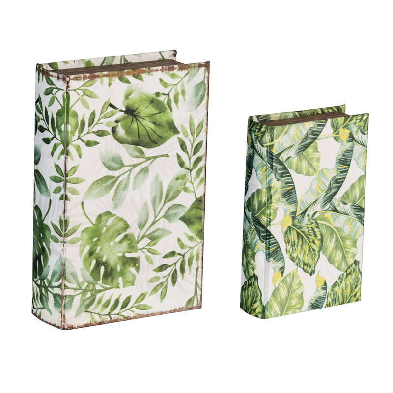 Ensemble de 2 boîtes de rangement de livres botaniques décoratives - Design empilable multi-tailles avec motif de feuilles vertes tropicales, solution d'organisation de bureau à domicile de style rétro