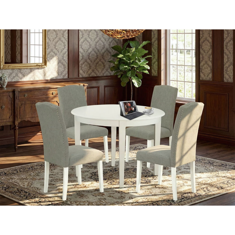 5 Piece Dinette Set for 4 Includes a Round Kitchen Table and 4 Dark Shitake Linen Fabric Parson Dining Room Chairs, 42x42 Inch, Linen White