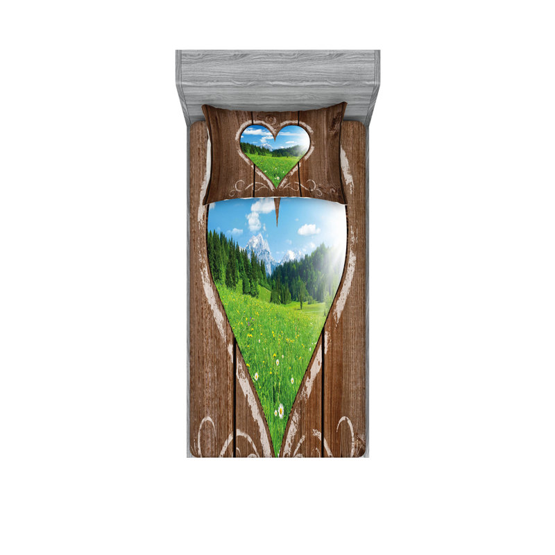Drap-housse et coussin décoratif Ambesonne Outhouse brun bleu et vert, Ensemble de draps pour lit simple + 3 pièces supp