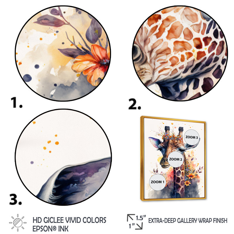«Cute Giraffe Floral Art I», peinture sur toile, H 32 po x l 24 po x P 1 po, Toile avec cadre flottant or