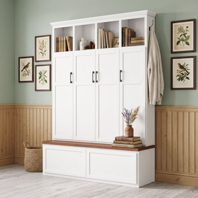 Modern Farmhouse Hall Tree with Bench, Hidden Cabinets, Storage Drawers and Hooks